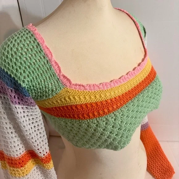 Colorblock Crochet pullover Crop knit top crochet Swim cover breathable Small - Picture 3 of 8